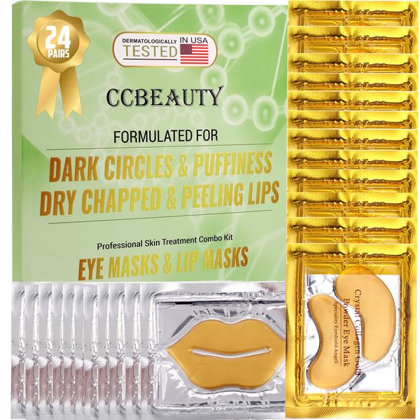 CCbeauty 24 Packs Lip Masks & Eye Mask Bulk,24K Gold Under Eye Patches for Puffy Eyes,Dark Circles,Collagen Eye gel Pads for Eye Bags,Wrinkles | Nourish & Hydrate Dry Chapped Lips Skincare,Golden