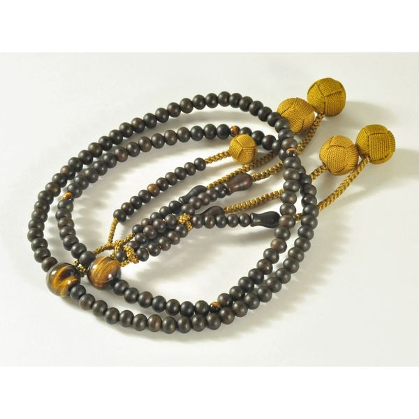 亀屋 Mala 日蓮宗 (法華) AAA Buddha Mala Bead Men's Stripe Ebony Tiger Eye Stone 梵天 kagari Tassels Beach Pear Color [Made in Japan] 33 