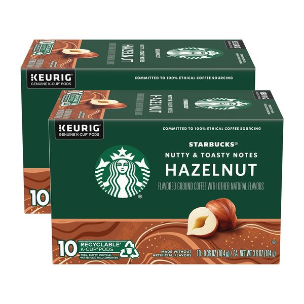 Starbucks Flavored Coffee K-Cup Pods, Hazelnut Flavored Coffee, Made without Artificial Flavors, Keurig Genuine K-Cup Pods, 10 CT K-Cups/Box (Pack of 2 Boxes)