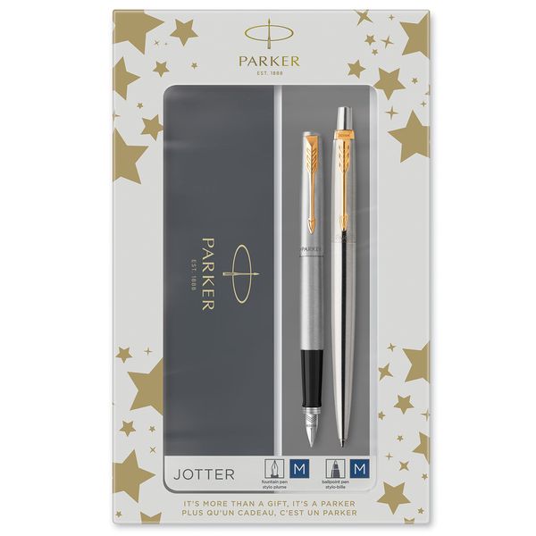 Parker Jotter Duo Gift Set with Ballpoint Pen & Fountain Pen | Stainless Steel with Gold Trim | Blue Ink Refill & Cartridges | Gift Box