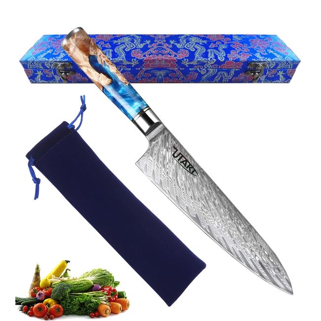 Utaki Damascus Knife, Chef's Knife, 67-Layer All-Purpose Knife, Butcher Knife, Western Knife, Chef's Knife, Easy Grip Flat Form Pattern