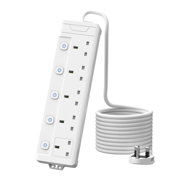 3M Extension Lead, 5 Way Extension Lead with Individually Switches (with LED Indicator), MSCIEN 3 Metre Extension Lead with Wall Mounted, 5 Plug Extension with for Dorm Kitchen Office Home, White