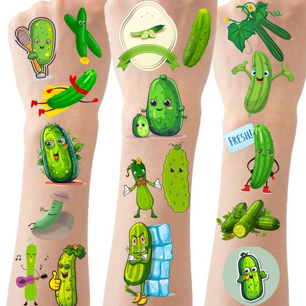 CupaPlay 300 PCS Cute Pickle Cucumber Tattoos Temporary Stickers for Kids - Vegetable Theme Party Supplies Decorations Birthday Fruit Party Favors Goodie Bag Stuffers Favors Prize(30 Sheets)