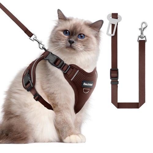 Cat Harness and Leash Set - Escape Proof Adjustable Cat Harness, Comfortable Soft Lightweight, Use Safe & Easy, Walking Travel Kitten Harness for Small Medium Large Cats, Brown, M(13-18lb)