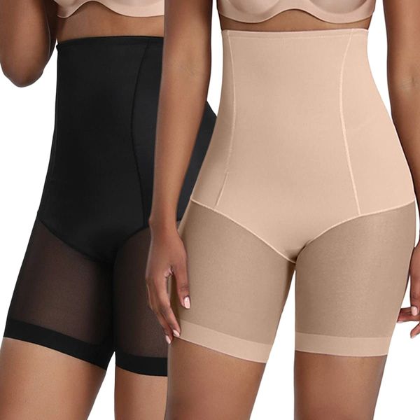 Xnova Bauchweg Unterhose Damen Anti Chafing, Shapewear Panty Shorts Scheuernde Oberschenkel, Hohe Taille Miederpants Atmungsaktive Body Shaper Kurz Leggings (2 Stück schwarz, hautfarben, M)