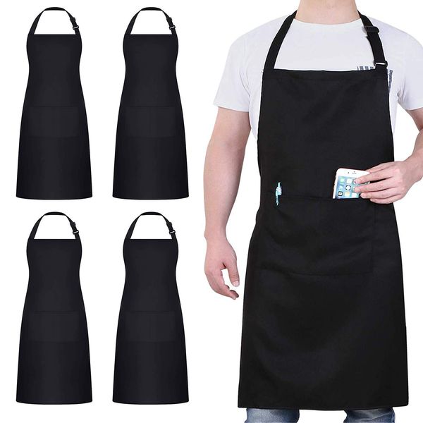 atopo 4 Packs Chef Apron, Waterproof Catering Apron with 2 Pockets, Adjustable Work Apron Perfect for Kitchen Cooking Painting Gardening Cleaning Restaurant BBQ, Personalised Apron (Black)