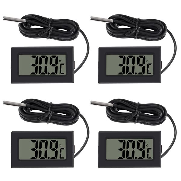 AOICRIE 4pcs Digital LCD Thermometer Temperature Monitor with 1M External Probe for Fridge Freezer Refrigerator Aquarium Black