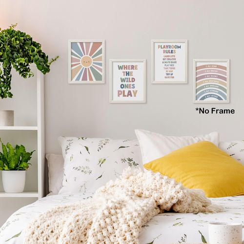 TLESKE Boho Sun Rainbow Playroom Posters Prints Unframed for Kids Toddler Room Nursery Classroom 8x10 Set of 4, Playroom Rules Wall Art Prints Decor for Bedroom Living Room, Colorful Wall Pictures