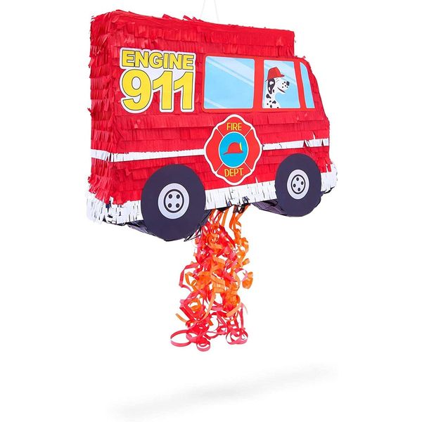 BLUE PANDA Pull String Fire Truck Pinata for Birthday Party Decorations, Firefighter Party Supplies (Small, 16.5 x 13 x 3 In)