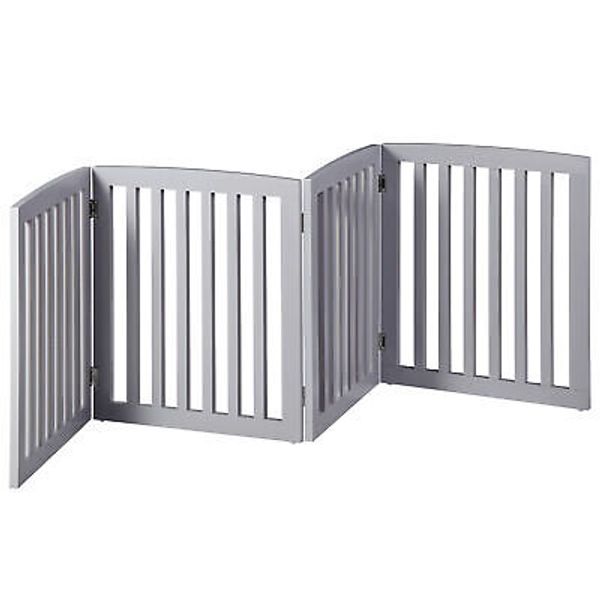 Foldable Wood Pet Dog Gate 4 Panels Dog Fence with Protector Feet Grey Indoor