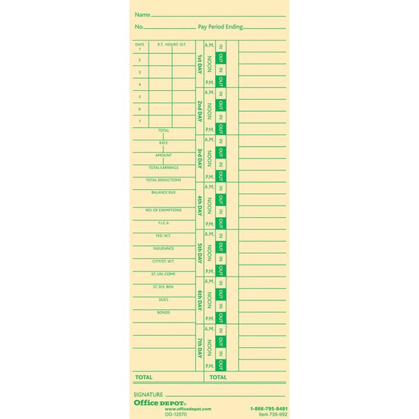 Office Depot Time Cards with Deductions, Weekly, Days 1-7, 2-Sided, 3 3/8in. x 8 7/8in., Manila, Pack of 100, GB-739992