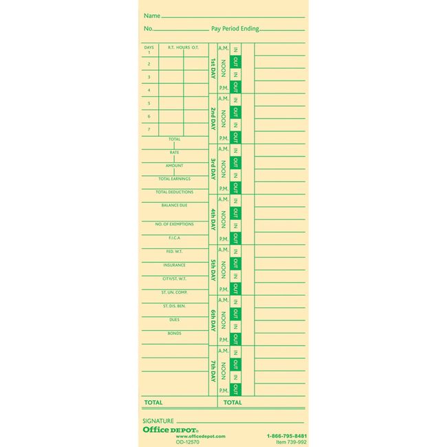 Office Depot Time Cards with Deductions, Weekly, Days 1-7, 2-Sided, 3 3/8in. x 8 7/8in., Manila, Pack of 100, GB-739992