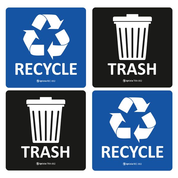 IGNIXIA (Pack of 04) Recycle and Trash Sign Decals self Adhesive - Recycling Stickers 5 x 5 Inches Recycle and Trash Sticker for Trash can with over lamination - Recycle Label (Blue and Black)