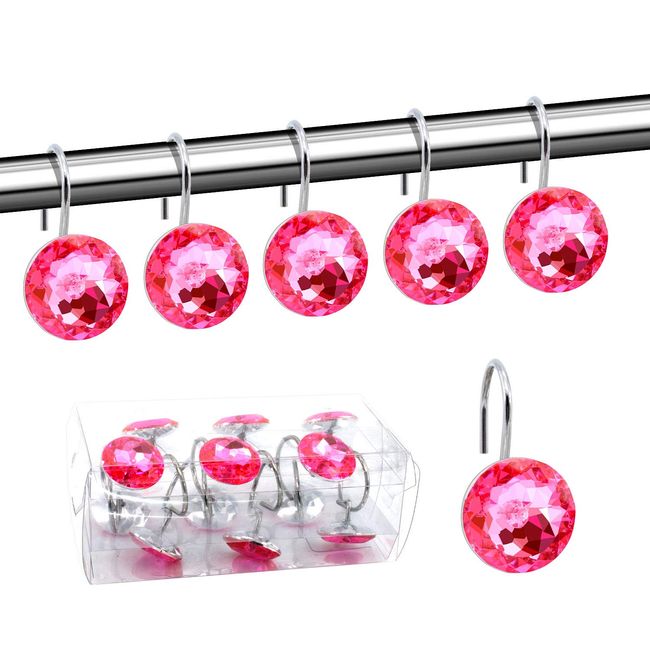 BEAVO Acrylic Fashion Decorative Home Rolling Shower Curtain Hooks Rhinestones Bathroom Bath Baby Room Bedroom Living Room Decor Set of 12 Rings (Pink)