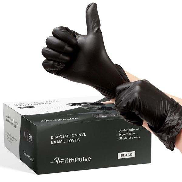 FifthPulse Black Vinyl Disposable Gloves Small 50 Pack - Latex Free, Powder Free Medical Exam Gloves - Surgical, Home, Cleaning, and Food Gloves - 3 Mil Thickness