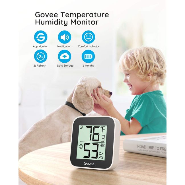 Govee Smart Hygrometer Thermometer, Bluetooth Humidity Temperature Gauge  with Remote Monitor, Large LCD Display, Notification Alert with Max Min  Records, 2 Years Data Storage Export, Black 
