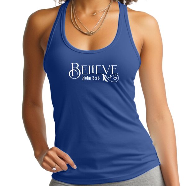 Womens Fitness Tank Top Graphic T-shirt Believe John 3:16 - Royal Blue / XS