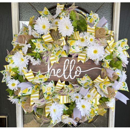 XL HELLO Lemon Lavender Daisy Deco Mesh Front Door Wreath Handmade Home Decor