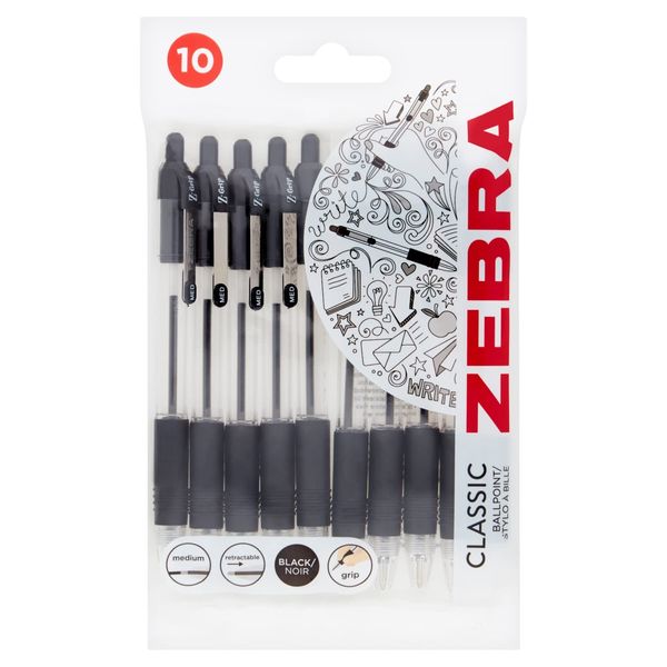 Zebra Pen Z Grip Black Pens Ballpoint, Smooth & Comfortable Ballpoint Pens with Pocket Clip, Retractable & Reliable Biro Pens Multipack - Medium Point, 10 Pack