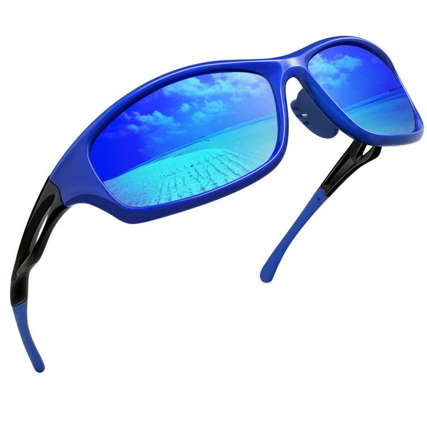 Joopin Trendy Blue Sport Sunglasses Lightweight Running Glasses Polarized UV400 Trendy Rectangle Wrap Around Shades for Men Women