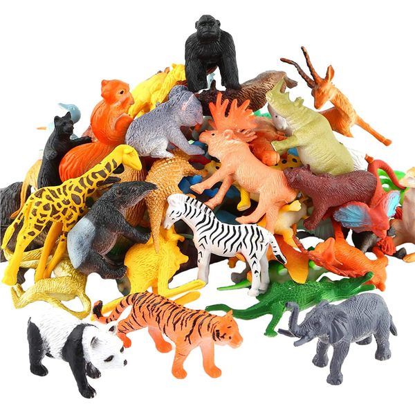 54 Piece Mini Jungle Animals Toys Set,Realistic Wild Animals Figure，Vinyl Pastic Animal Party Favors Toys For Boys Kids Toddlers Forest Small Farm Animals Toys Playset