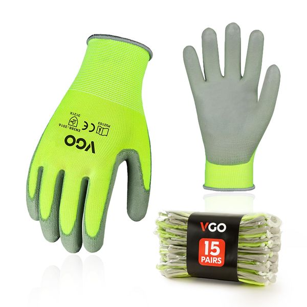 Vgo... 15Pairs Safety Work Gloves,Gardening Gloves,Polyurethane Coated,Dipping Gloves,Latex Free(Size L,Fluorescent Yellow,PU2103)