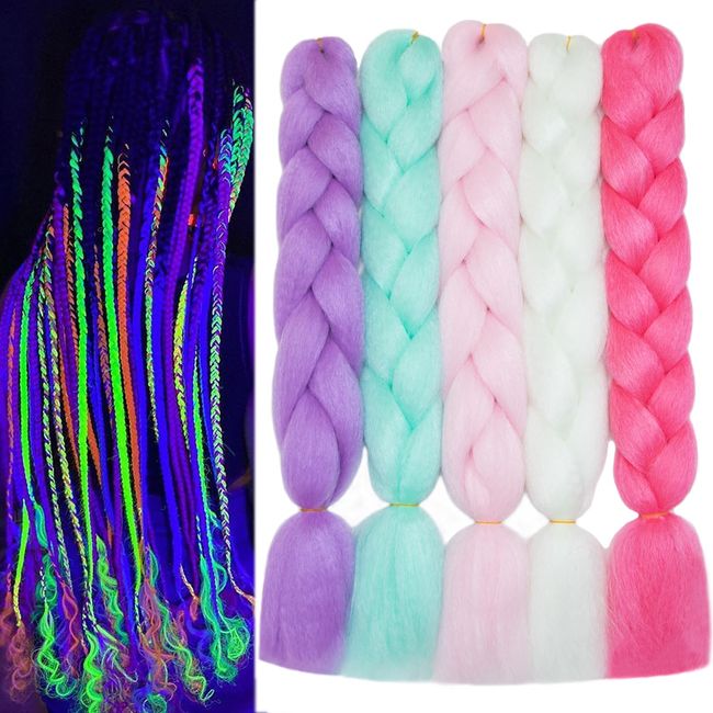 Colorful Kanekalon Braiding Hair Glow in the Dark Hair Extensions 24inch 5Pcs Synthetic Rainbow Jumbo Braids Muticolor Luminous Braiding Hair