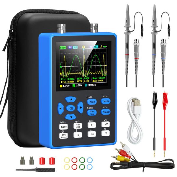 Digital Oscilloscope with 2 Channels 120Mhz Bandwidth Signal Generator 500MSa/s Sampling Rate, 2.8" LCD Backlight Display, Waveforms Storage, 3 Scan Modes, XY/YT/Roll, FFT Spectrum, Single Trigger