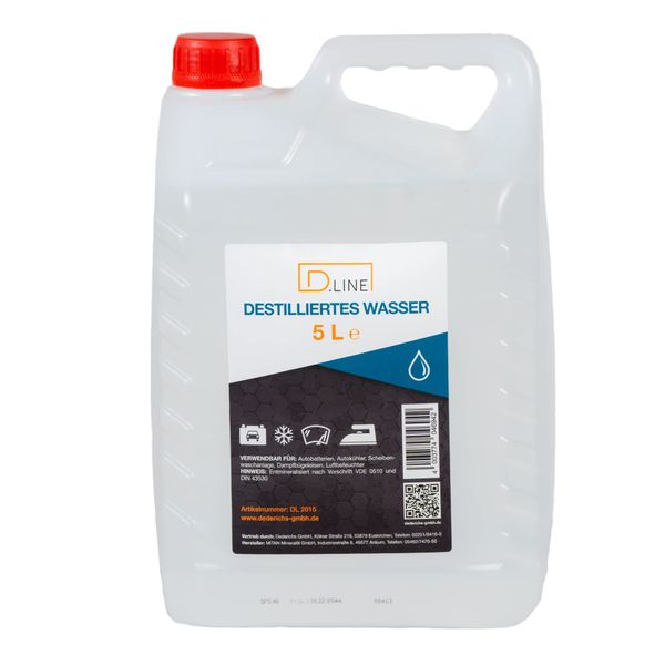 D.LINE Destilliertes Wasser 5 Liter, Entmineralisiert nach Vorschrift VDE 0510 und DIN 43530 (1 x 5 Liter)