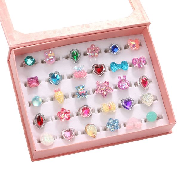 Pinkgarden Little Girl Jewel Rings in Box, Adjustable, No duplication, Girl Pretend Play and Dress Up Rings (30 Jewelly Ring)