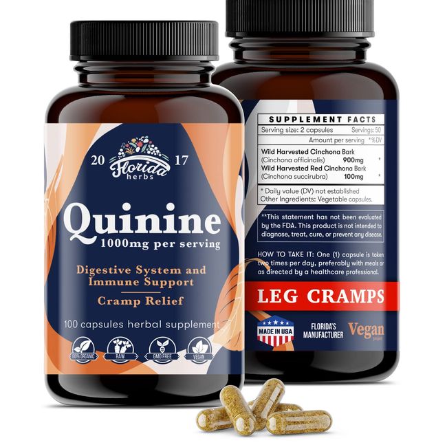 Quinine Tablets - Cinchona Bark Quinine Supplement - Quinine Capsules 1000 mg – Quinine Bark for Leg Cramps - Made in USA - Quinine Pills for Digestive Health and Immune Support - 1 Pack (100 pcs)