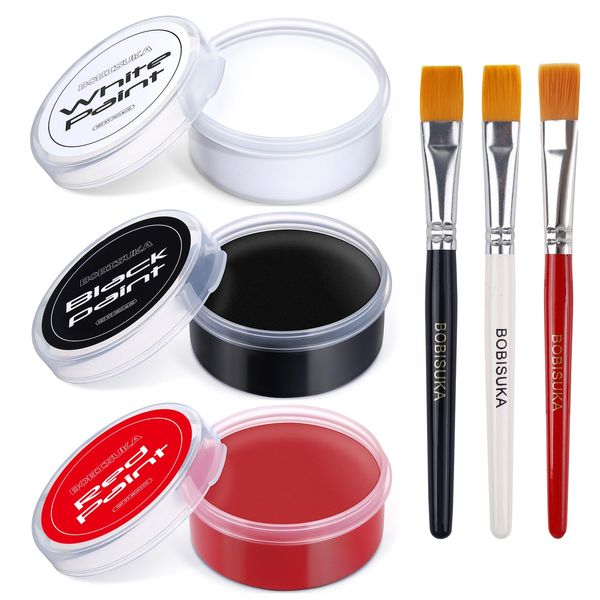 BOBISUKA Körperfarben Schwarz Weiß Rot mit 3 Pinseln - Gesichtsfarbe Set für Theaterschminke, Halloween, Karnevalsschminke, Party Make up, Ungiftig Wasserfest Langanhaltend