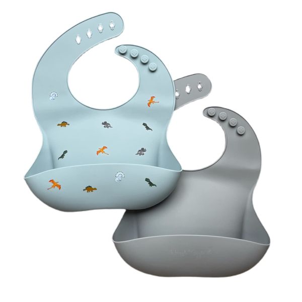 Wriggle & Giggle Baby Silicone Bibs with Food Catchers, 2 Pack Dinosaur