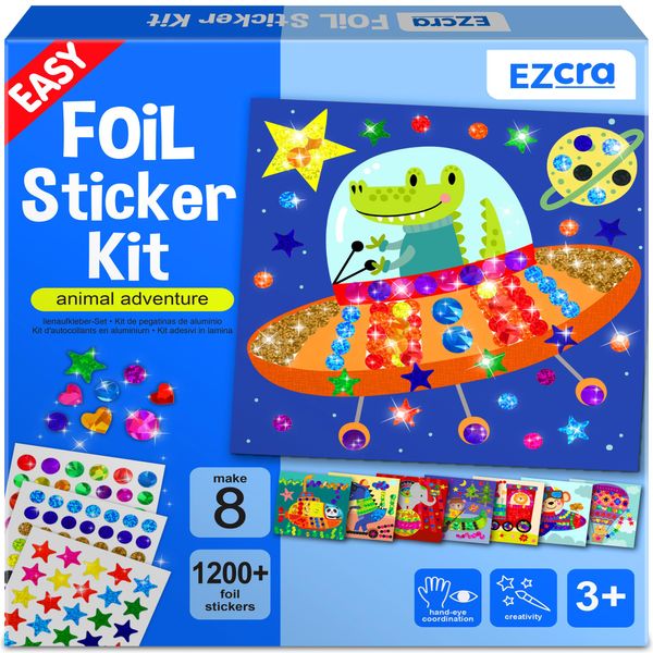 EZCRA Easy Arts and Crafts for Kids - Fun Foil Sticker Kit - 8 Cute Animal Themes, Over 1200 Stickers - Art Supplies and Art Kit for Kids Gifts & Toys for Boys and Girls Age 3,4,5,6,7,8