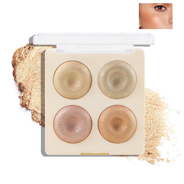 Boobeen 4 Color Highlight Makeup Palette, Face Baked Powder Cheek Illuminator, Make Skin Bright and Shiny, Long Lasting Face Sculpting