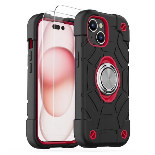 KCJ Compatible with iPhone 15 Case with[2×Screen Protectors+1xLens Protector][Ring Stand] Soft Silicone+Hard PC Full Body Protection Phone Shell Durable Rugged Case for iPhone 15 6.1"