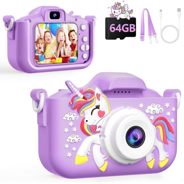 Kids Camera, Digital Camera for Girls with 64G SD Card, 48 MP HD 1080P IPS Screen Dual Selfie Digital Toddler Video Camera Toy for Kids, Great Christmas Birthday Gift for Boys and Girls (Pink)