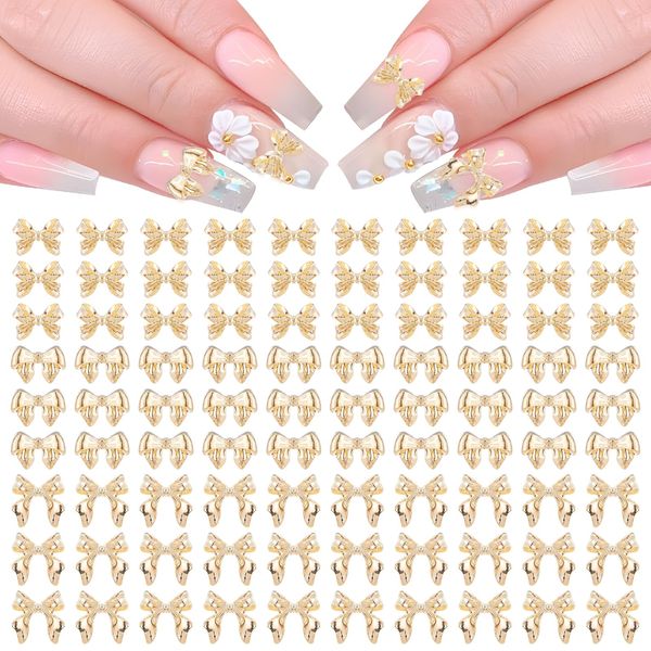 100 Pcs Aurora Bow Nail Charm, Bowknot Nail Accessories, Resin Cute Nail Rhinestone Glitter, 3D Mix Styles Nail Decoration Kits for Nail Art, Craft and Decoration(Gold)