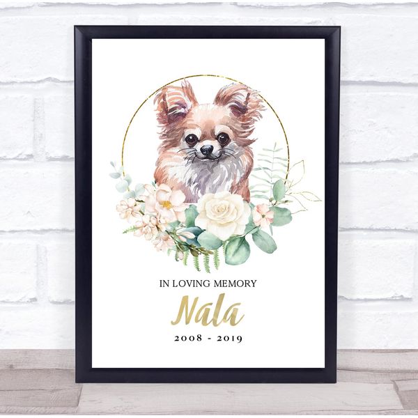 Fingerprint Designs Chihuahua Pet Memorial Peach Gold Floral Wreath Personalised Gift Print