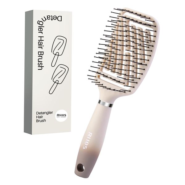 RHOS Detangling Hair Brush for Women&Men-Curved Vented Hair Brush for Faster Blow Drying/Styling,Paddle Vent Detangler Brush for Long,Short,Thin,Curly,Wet&Dry Hair-Easy Clean Hair Brush (Beige)