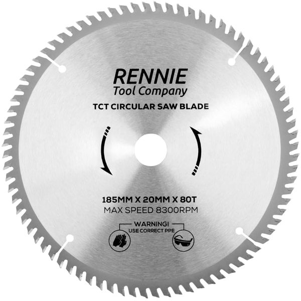 185mm x 20mm Bore x 80T TCT Saw Blade. 185mm Circular Saw Blade For Fine Cuts x 20mm Bore + 16mm Bore Reduction Rings Fits Evolution Bosch Makita Ryobi Dewalt Circular Saws Etc