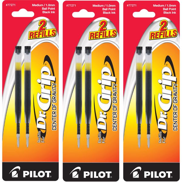 Pilot Dr. Grip Center of Gravity Ballpoint Pen Refills, Medium Point, Black Ink, 3 Packs of 2 Refills (6 Refills Total)