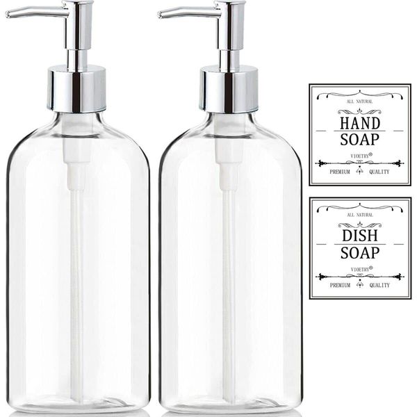 Clear Soap Dispenser with Rust Proof Pump Waterproof Labels 2 Pack16 Oz Soap ...