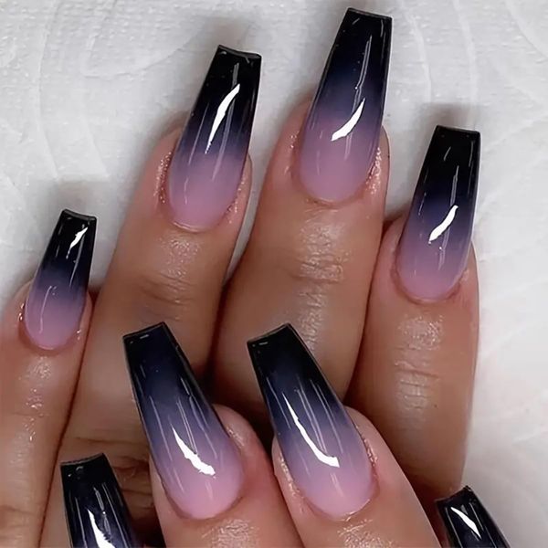 Medium Press on Nails Coffin Fake Nails Purple and Black Gradient French Press on False Nails Acrylic Nails Full Cover Glossy Glue on Nails Medium Reusable Artificial Stick on Nails for Women Girls