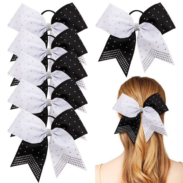 6PCS 8" Large Cheer Hair Bows Ponytail Holder, Rhinestones Cheerleader Bows with Elastic Band Hair Tie Handmade for Cheerleading Teen Girls College Sports (White/Black)