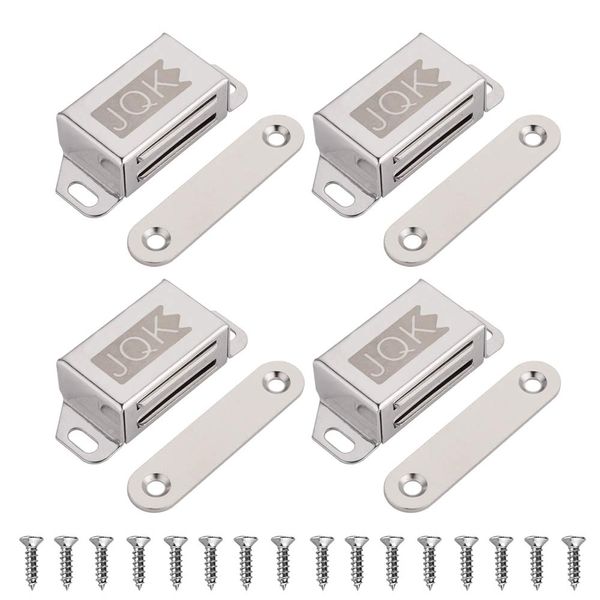 JQK Magnetic Cabinet Door Catch, Stainless Steel Closet Catches with Strong Magnetic, 1.2mm Thickness Furniture Latch 30 lbs (Pack of 4), CC101-P4