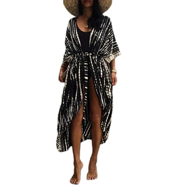 Bsubseach Women Black Tie Dye Long Beach Swimsuit Cover Ups for Swimwear Sexy Bikini Beach Kimono Cardigan