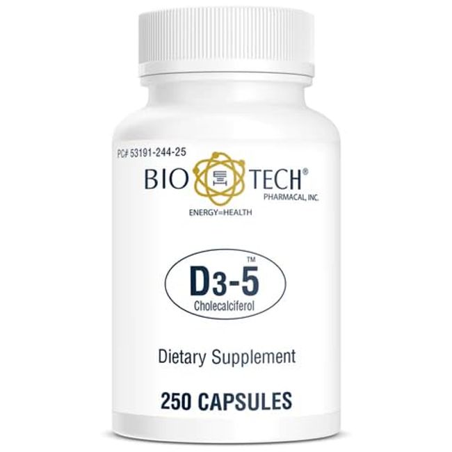 Bio-Tech Pharmacal D3-5 (5000 IU), 250 Capsules – All-Natural Supplement – Supports Bone & Immune Health – No Dairy, Fish, Gluten, Peanut, Shellfish, & Soy – No Artificial Colors