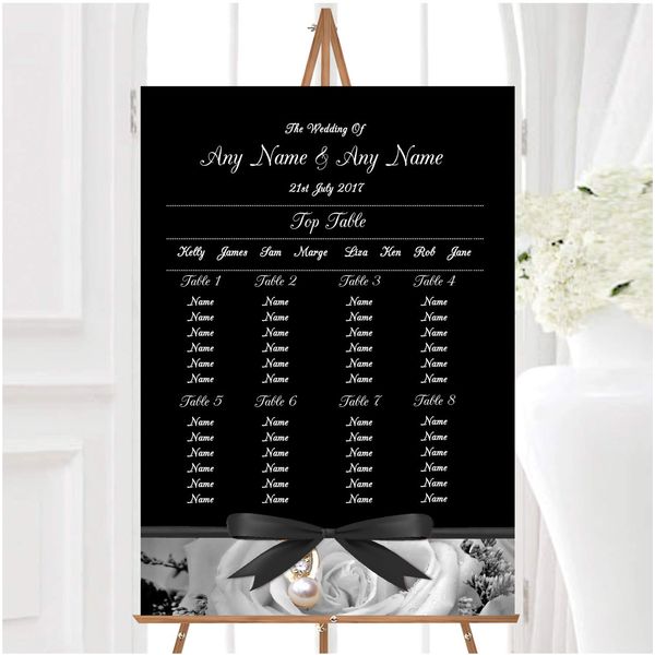 Black White Rose Pearl Personalised Wedding Seating Table Plan