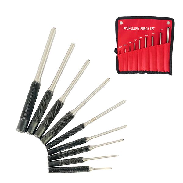 HFS(R) Ping Punch Set, 9 Pieces, 0.06 - 0.3 inches (1.5 - 7.9 mm), Roll Pin Punch Set, Drilling Tool, DIY Machine, Vehicle, Wood, Carrying Bag Included